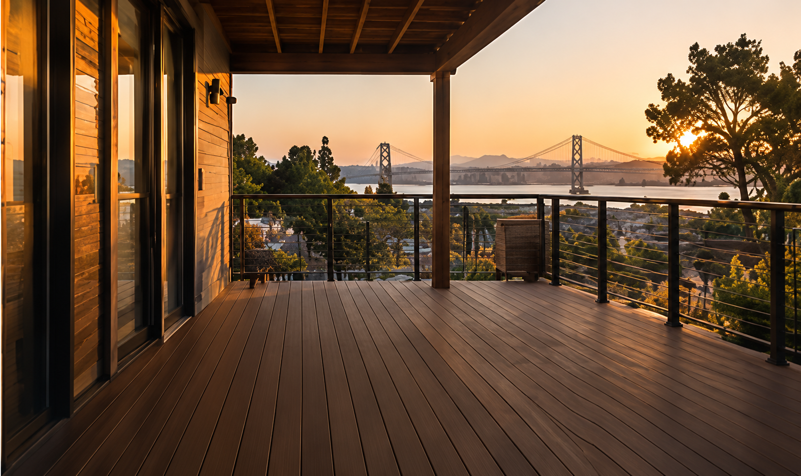 Covered timber deck with a railing overlooking the bay