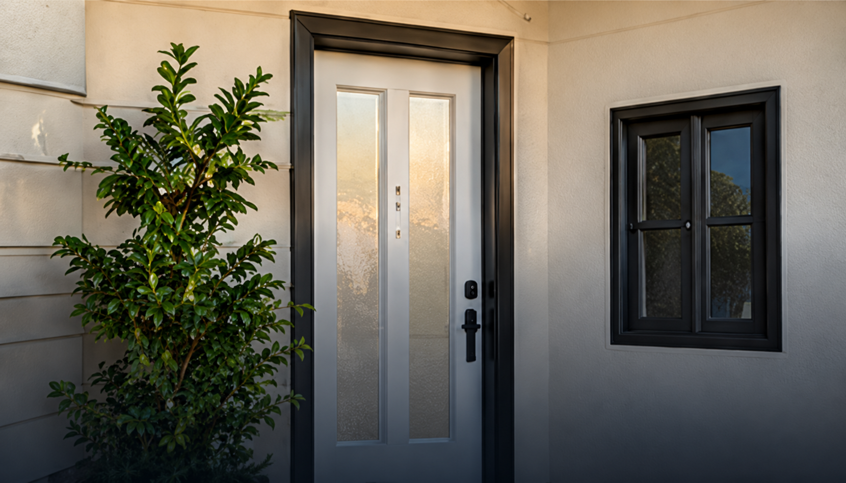 Installed front door and window beside a green plant