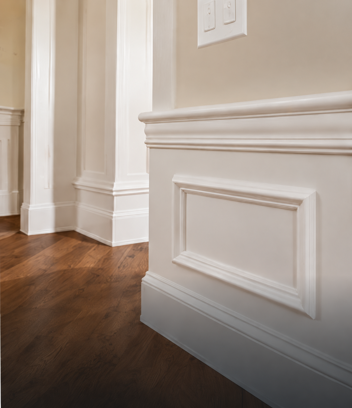 White decorative wall molding and detailed wood trim
