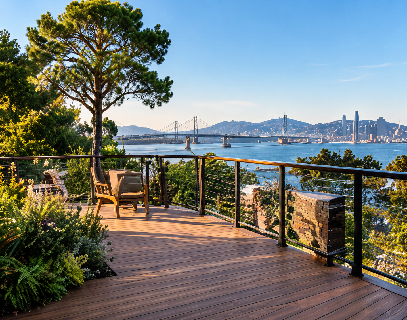 Custom timber deck with railing and a view across the bay