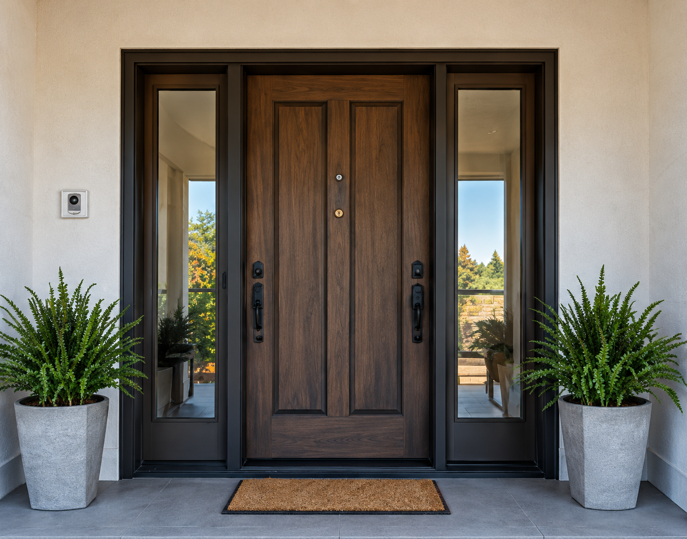 Wood front door with sidelights and matching planters