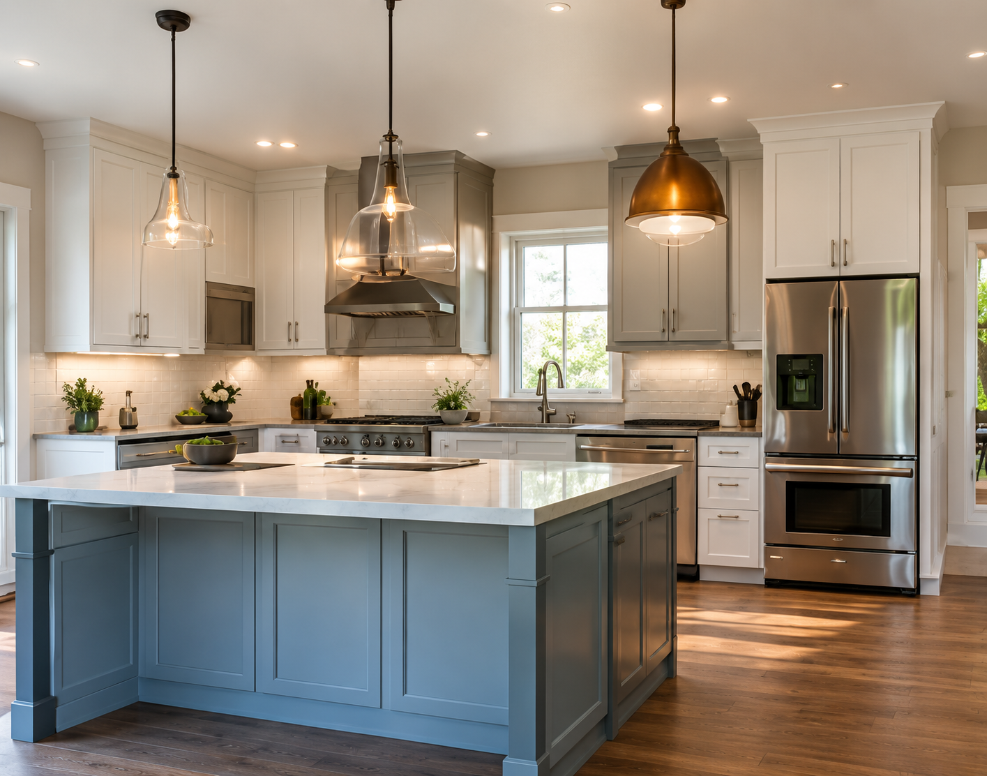 Kitchen with blue island, white cabinets and pendant lights