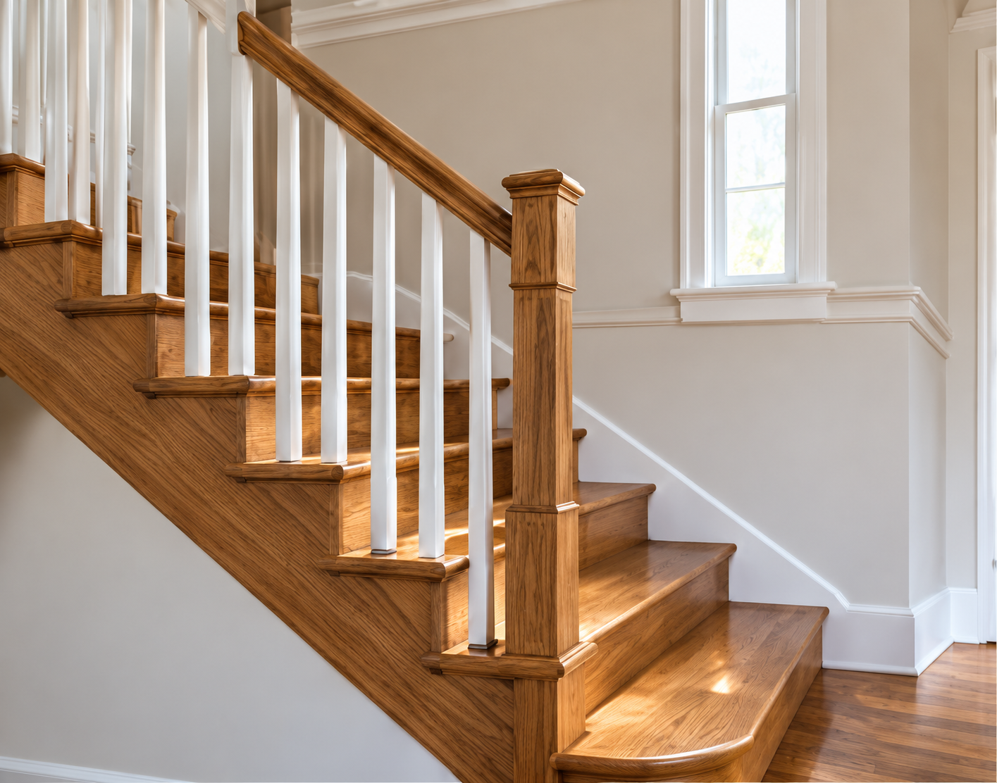 Wood stairway with white balusters and a fitted handrail