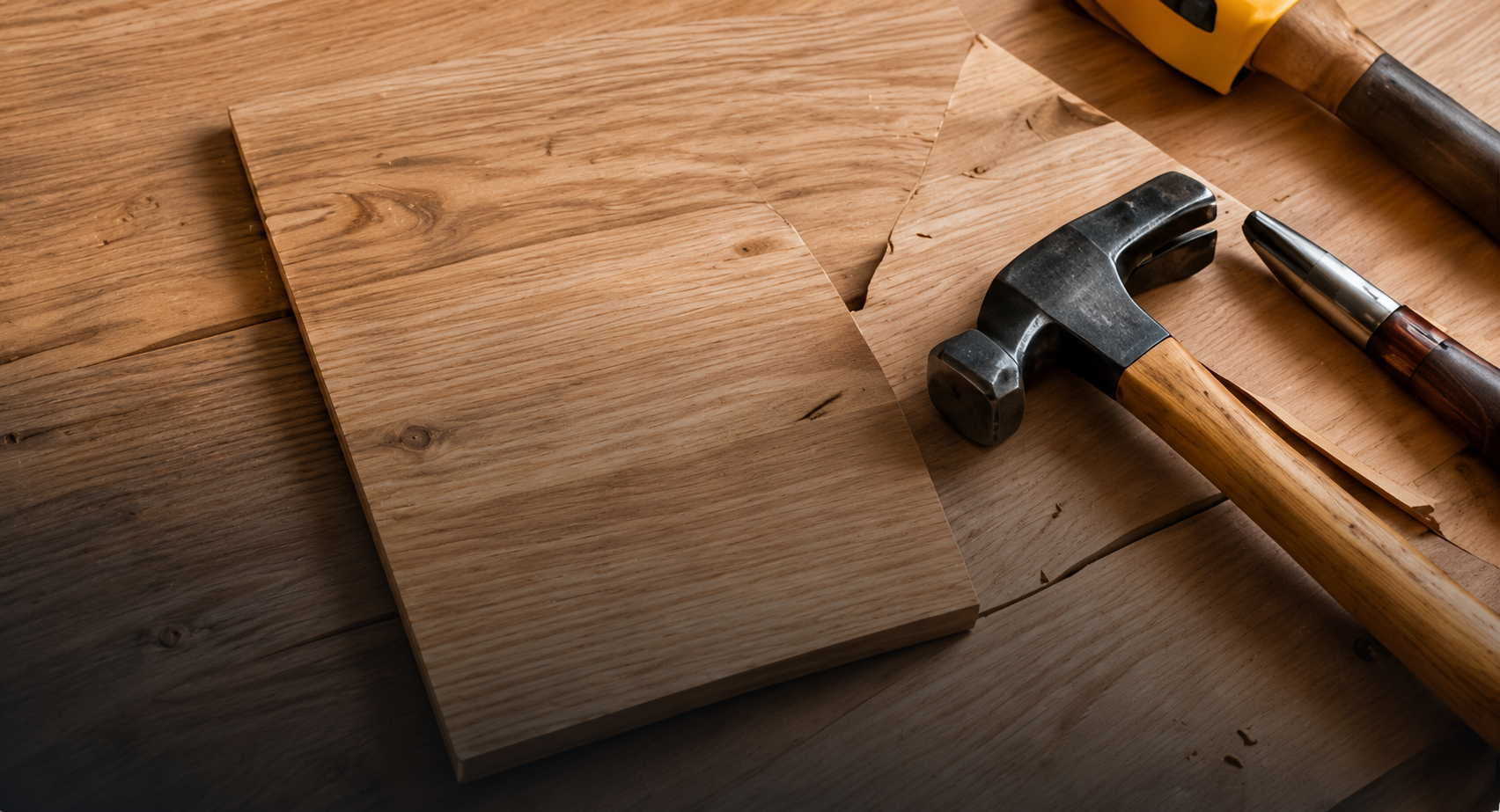 Hammer, measuring tape and screwdriver on a wooden work surface